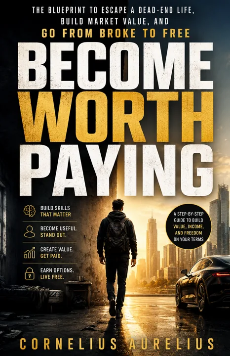 KRONATRIX.AI promotional book website example for Become Worth Paying by Cornelius Aurelius
