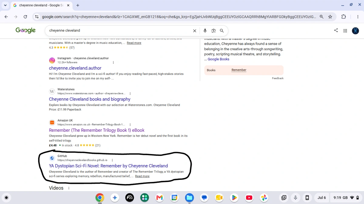 Google search visibility result for the Cheyenne Cleveland author project