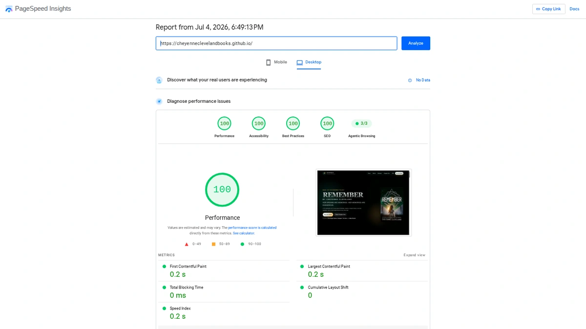 PageSpeed Insights desktop report for Cheyenne Cleveland author website dated July 4 2026