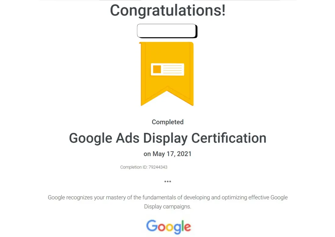 Google Ads Display Certification certificate proof for KRONATRIX.AI author website strategy and digital visibility training