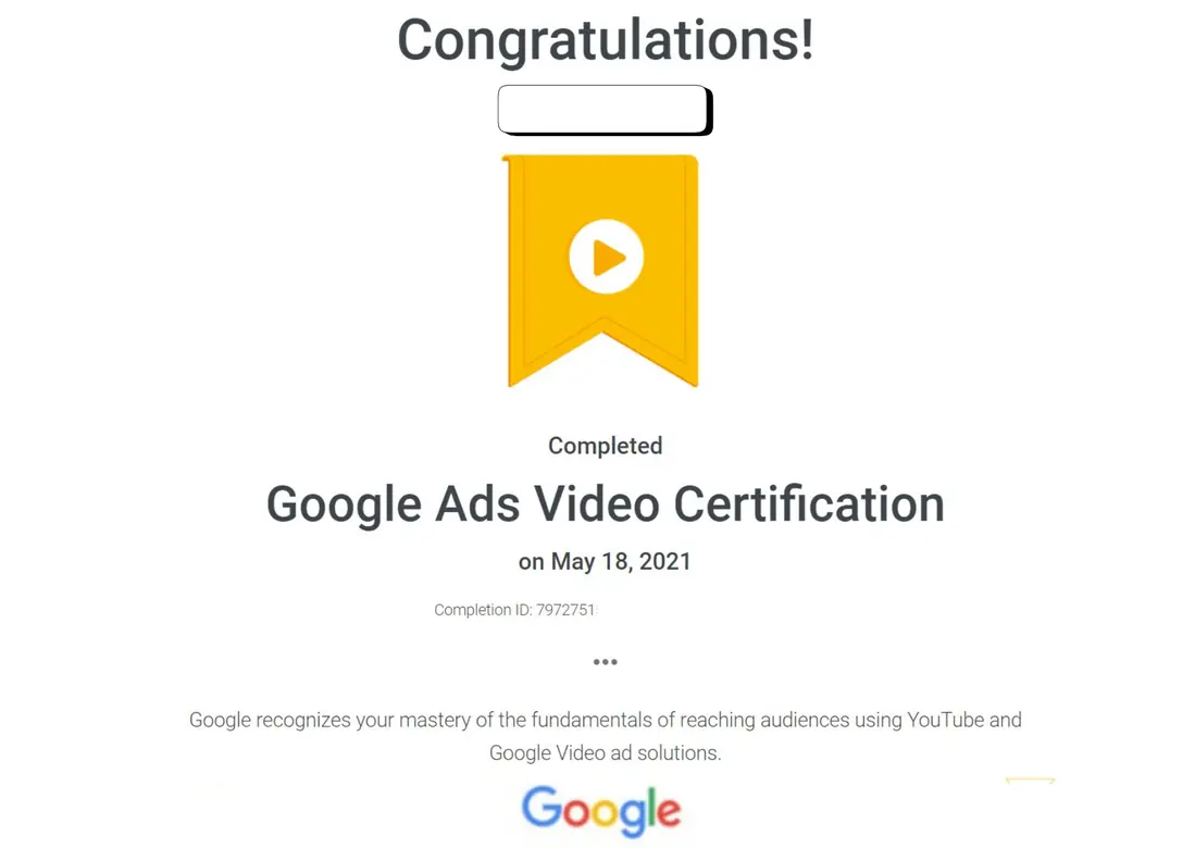Google Ads Video Certification certificate proof for KRONATRIX.AI author website strategy and digital visibility training