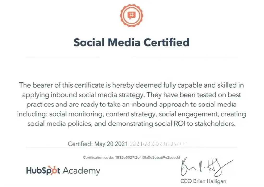 HubSpot Social Media Certified certificate proof for KRONATRIX.AI author website strategy and digital visibility training