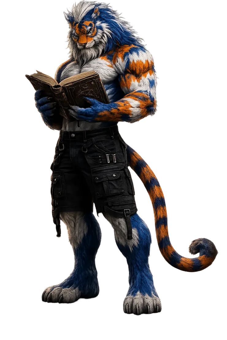 Spencer Aurelius, the KRONATRIX.AI mascot, reading a book to represent AI-readable author websites, free ebook websites and book promotion websites for authors