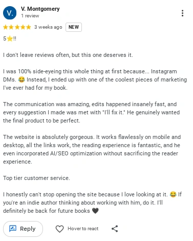 Google review from V. Montgomery about KRONATRIX website services